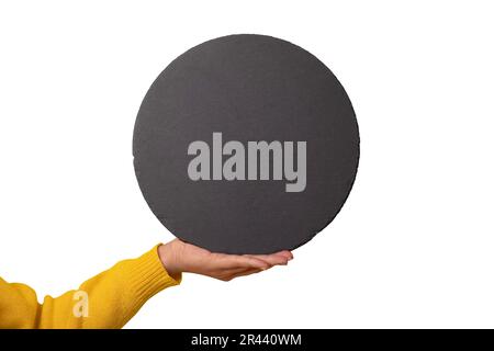 Black slate board on hand isolated on white background Stock Photo