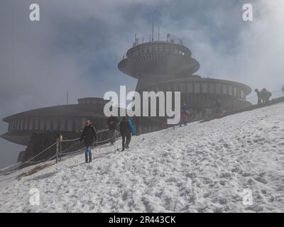 SNEZKA, GIANT MOUNTAINS - April 30, 2023. Polish Meteorological Observatory on Sniezka Peak in Karkonosze mountain range, Poland. Giant mountains, Cze Stock Photo