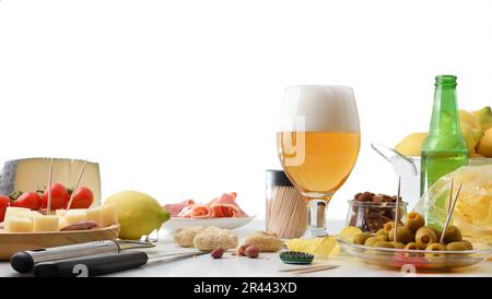 Prepared appetizer on white table and white isolated background. Front view. Stock Photo