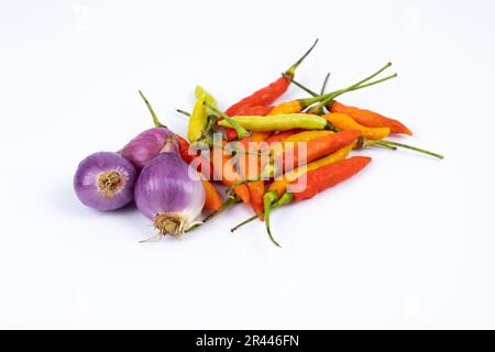 Seasonings: chili,curly chili and red onion, shallots isolated on a white background Stock Photo