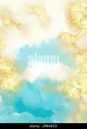 Abstract mixed media beach themed hand painted wall art design with gold foil elements Stock Vector
