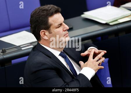 Berlin, Germany. 26th May, 2023. Hubertus Heil (SPD), Federal Minister of Labor and Social Affairs, sits on the government bench during the German Bundestag's debate on the agenda item Low Bureaucracy Regulation of Der Arbeitszeiterfassung. Credit: Carsten Koall/dpa/Ģ����ý Live News Stock Photo