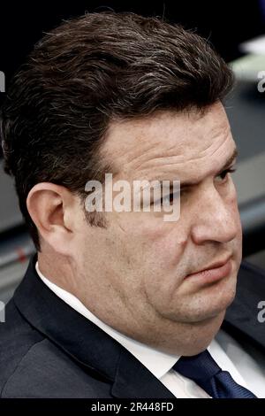 Berlin, Germany. 26th May, 2023. Hubertus Heil (SPD), Federal Minister of Labor and Social Affairs, sits on the government bench during the German Bundestag's debate on the agenda item Low Bureaucracy Regulation of Der Arbeitszeiterfassung. Credit: Carsten Koall/dpa/Ģ����ý Live News Stock Photo