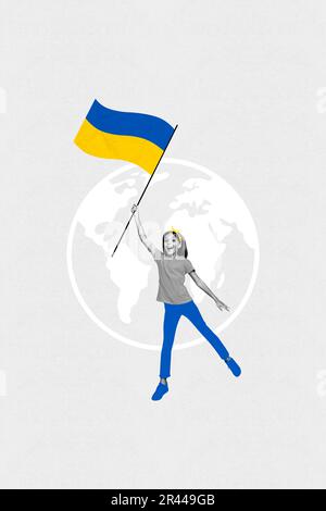 Poster banner collage of kid girl holding ukranian flag over drawing world support children against war concept Stock Photo