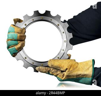 Manual worker with protective work gloves holding an empty metallic cogwheel (gear) with copy space inside. Isolated on white background, photography Stock Photo