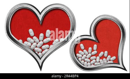 Two hearts with metal frame and white pills on a red velvet background with copy space, Isolated on white background. 3D illustration and photography. Stock Photo