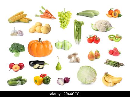 Healthy diet. Set with many different fruits and vegetables on white background Stock Photo