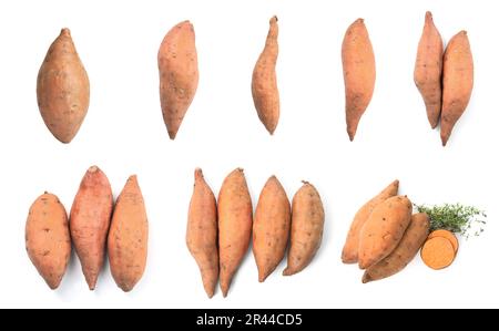 Collage with sweet potatoes on white background Stock Photo