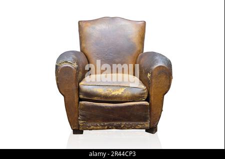 Leather Armchair old aged dirty vintage torn and frayed condition isolated on white background. Stock Photo