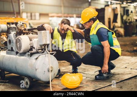 Worker team  feel bad down health problem headache heatstroke supervisor team help care support Stock Photo