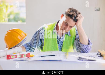 stress problem construction engineer builder architect hard work for plan design Stock Photo