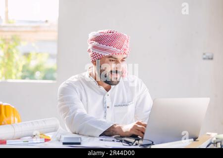 Muslim Arab Business Male Engineer Architect Project Manager Happy Working At Construction Site Stock Photo