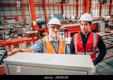 Young engineer standing with senior supervisor teamwork in metal factory happy worker team. Stock Photo