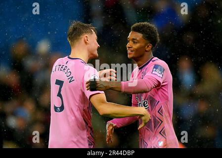 File photo dated 31-12-2022 of Nathan Patterson (left) and Demarai Gray celebrating the draw. Everton earned one of the biggest shocks of the season when they stole a point in a 1-1 draw at Manchester City on New Year's Eve. Issue date: Friday May 26, 2023. Stock Photo