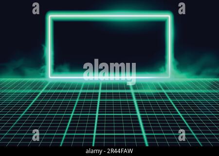 Wireframe perspective grid with glowing neon frame. Abstract retro background. Vector illustration Stock Vector