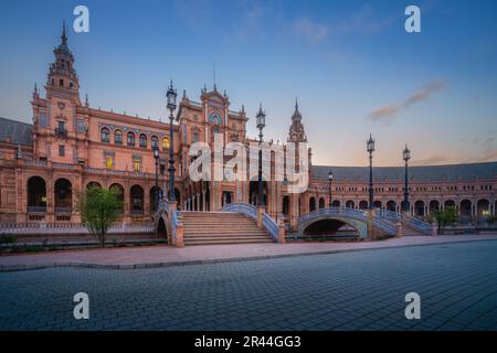 Plaza de Espana Central Building at sunrise - Seville, Andalusia, Spain Stock Photo