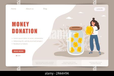 Money donation. Landing page template. Cute woman with glass jar full of gold coins. International charity day. Fundraising Concept. Vector cartoon Stock Vector