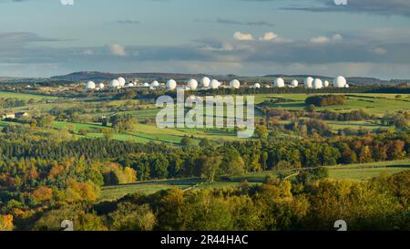 Sunlit countryside & farmland fields in scenic Washburn Valley to Menwith Hill & Nidderdale (autumn colours on trees) - North Yorkshire, England, UK. Stock Photo