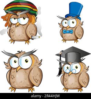 Vector cartoon illustration of owl character. set collection Stock Vector