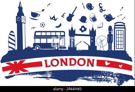 london travel banner with icon and monuments on flag.vector Stock Vector