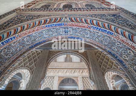 Carved Arch at Dolls Courtyard (Patio de las Munecas) at Alcazar (Royal Palace of Seville) - Seville, Andalusia, Spain Stock Photo