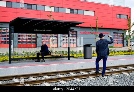 Prague, Czech Republic. 26th May, 2023. A ride on a historic tram inaugurated the operation of the new tram line Sidliste Modrany - Libus, in Prague, Czech Republic, May 26, 2023. Stock Photo