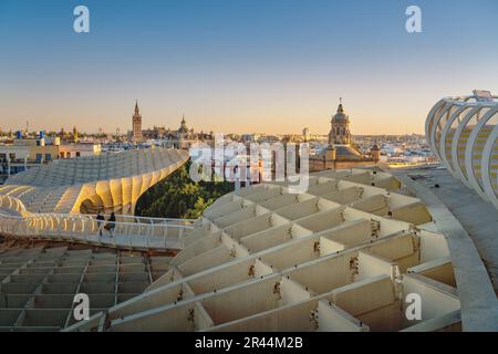 Las Setas de Seville viewpoint with Cathedral and Church of the Annunciation (Iglesia de la Anunciacion) - Seville, Andalusia, Spain Stock Photo