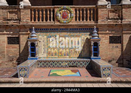 Alcove with bench and tiles representing Murcia Province - Seville, Andalusia, Spain Stock Photo
