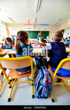 Start of the new school year at the primary school “ecole Pierre Mendes France” in Quevreville-la-Poterie (northern France) on September 1, 2022. Pupi Stock Photo