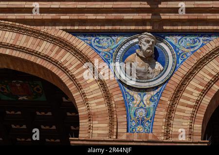 Decorative Medallion with the effigy of Ferdinand Magellan at Plaza de Espana - Seville, Andalusia, Spain Stock Photo