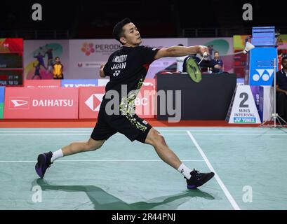 Kuala Lumpur, Malaysia. 25th May, 2023. Kenta Nishimoto of Japan plays against Jonatan Christie of Indonesia during the Men's Singles second round match of the Perodua Malaysia Masters 2023 at Axiata Arena. Kenta Nishimoto of Japan won with scores; 22/21 : 20/11. Credit: SOPA Images Limited/Alamy Live News Stock Photo