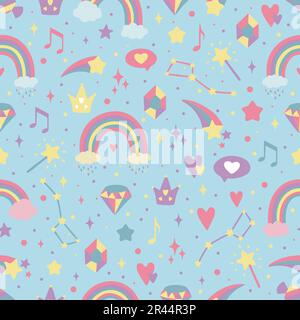 Seamless background with hearts, rainbows, stars, diamonds, crowns. Creative background for nursery. Perfect for kids design, fabric, packaging Stock Vector