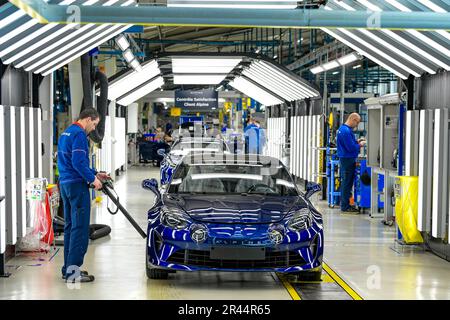 Renault Alpine factory in Dieppe (northern France), renamed Manufacture Alpine Dieppe Jean Redele: Alpine A110 production line Stock Photo