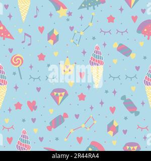 Seamless background with hearts, rainbows, stars, diamonds, crowns. Creative background for nursery. Perfect for kids design, fabric, packaging Stock Vector