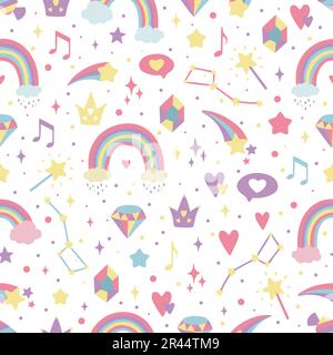 Seamless background with hearts, rainbows, stars, diamonds, crowns. Creative background for nursery. Perfect for kids design, fabric, packaging Stock Vector