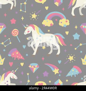 Seamless vector pattern with cute unicorns on a floral background. Ideal for textiles, wallpapers or prints. Stock Vector