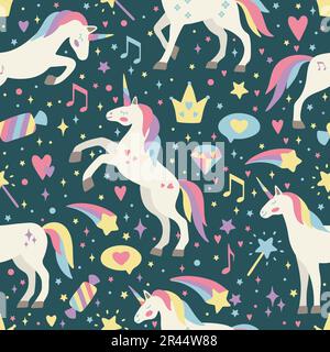 Seamless vector pattern with cute unicorns on a floral background. Ideal for textiles, wallpapers or prints. Stock Vector