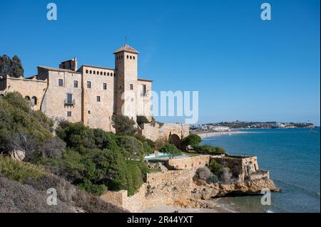 Detail of the old castle of Tamarit in Tarragona, Spain, it is on a cliff of the touristic beach Stock Photo