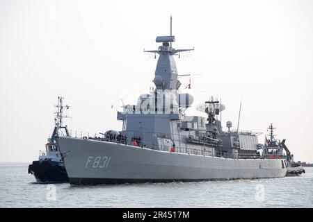 Gdynia, Poland. 26 May 2023. Dutch multi-purpose Karel Doorman frigate HNLMS Van Amstel F831, a part of Standing NATO Maritime Group One SNMG1, arrived to port of Gdynia © Wojciech Strozyk / Alamy Live News Stock Photo