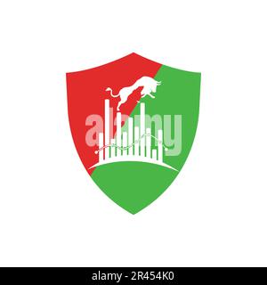 finance logo design green and red colors inside a shape of shield bull and bear illustration. Stock Vector