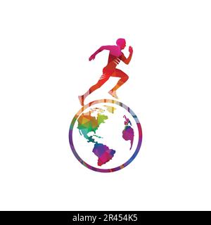 running man on globe fitness logo design Stock Vector