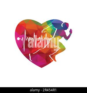 running man logo design with love heart vector fitness unique illustration Stock Vector