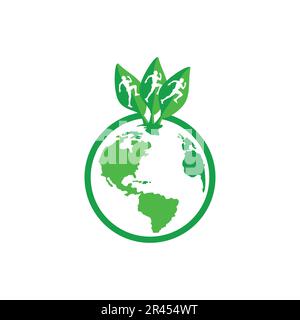 Green globe with three leafs fitness concept green fitness logo design. Stock Vector
