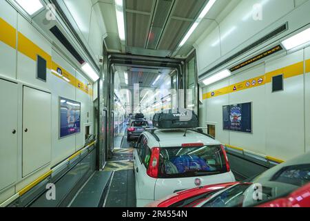Eurotunnel Le Shuttle, English Channel crossing through the Channel Tunnel: car boarding the Eurotunnel car train Stock Photo