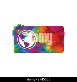 Camera with globe icon. Flat color design. Vector Illustration. Stock Vector