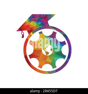 Graduation cap Gear and globe vector logo design. Education and learning logo concept. Stock Vector