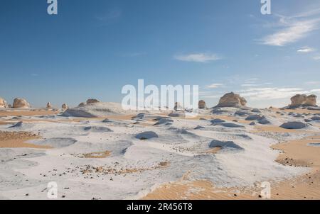 Landscape scenic view of desolate barren western desert in Panoramic barren landscape in Egypt Western White desert with geological chalk rock formati Stock Photo