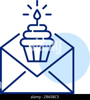 Birthday promotion e-mail. Cupcake with burning candle in letter. Pixel perfect, editable stroke icon Stock Vector