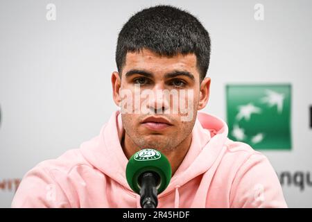 Paris, France, France. 26th May, 2023. Carlos ALCARAZ of Spain during Roland-Garros 2023, French Open 2023, Grand Slam tennis tournament at the Roland-Garros Stadium on May 26, 2023 in Paris, France. (Credit Image: © Matthieu Mirville/ZUMA Press Wire) EDITORIAL USAGE ONLY! Not for Commercial USAGE! Stock Photo