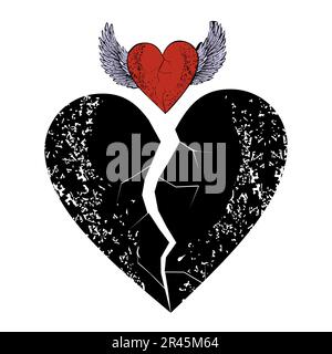 T-shirt design of a large black heart and a winged red heart isolated on white Stock Vector